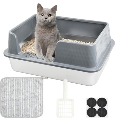 Kattlåda i rostfritt stål, 50 x 35 x 20 cm stor kattlåda bricka med avtagbart högt staket, öppen kattlåda med spade och rengöringsduk Lätt att rengöra, grå