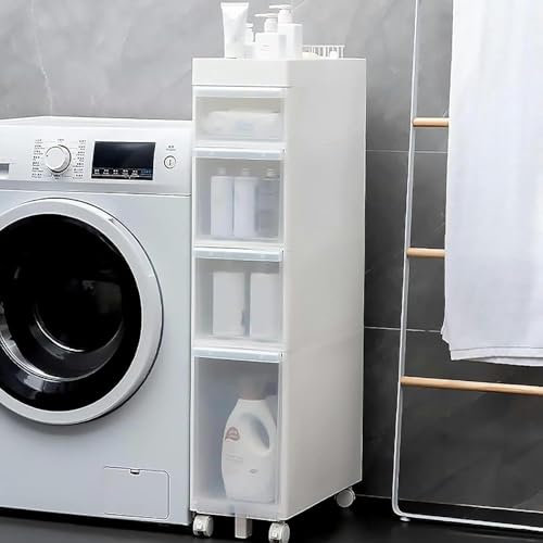 MEWVABKW Lagerschrank stapelbare Lagerschubladen Badezimmer-Lagerschrank Schmaler freistehender Toilettenpapier-Lagerschrank, 2/3/4 durchsichtige Schubladen und Rollen Schmaler Lagerschrank Wasserdi