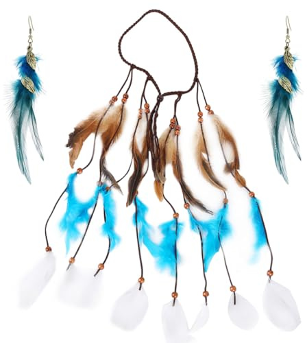 MEZHEN Boho Feder Stirnband Boho Ohrringe Haarreif Hippie Stirnband Federn Quaste Haarband Damen Indianer Tribal Kopfschmuck Festival Kostüm Haarschmuck Karneval Carnival Costume Schmuck