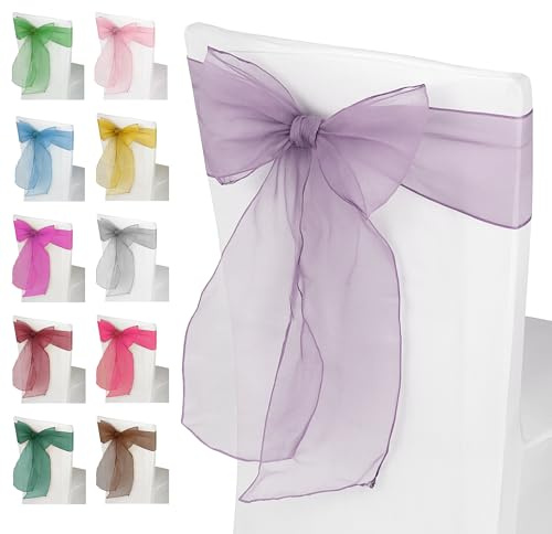Fasce per sedie in organza lilla chiaro – fasce larghe per fiocchi pieni – ideali per matrimoni, compleanni, ricevimenti e decorazioni per feste di anniversario, 17 x 280 cm, 50 pezzi