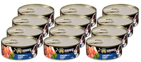 Savory - Hundefutter Nass - Nassfutter für Hunde - für Welpen Aller Rassen - Kaninchen - Zarte Pastete mit saftiger und lockerer Textur, hoher Fleischanteil - 12er-Pack (12x100 g)