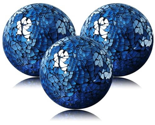 Yazikisa 8,5cm Glas Mosaikkugeln Blau Dekorative Glaskugeln für Schüssels Knistern Sphäre Solide Globus Schalen Vasen Füller Tischen Festliches Party Heimdekoration 3 Stück