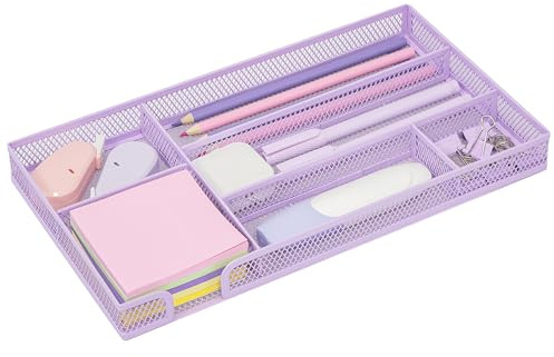 Exerz Bandeja organizadora de malla, inserto de cajón de escritorio de metal con 6 compartimentos, organizador apilable de cajones de oficina para papelería, maquillaje y accesorios (blanco)