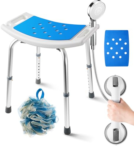 Casgee Duschhocker Höhenverstellbar 37-57cm, Duschstuhl 8 Stufen, Duschhocker für Senioren Belastbar bis 136kg, Badhocker mit Rutschfesten Gummifüßen für ältere Menschen, Blau
