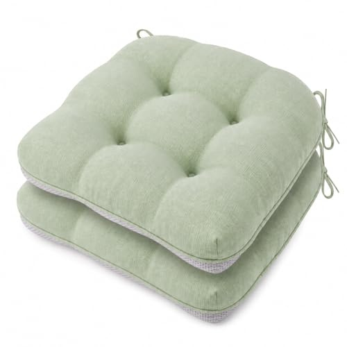 Battilo Chair Cushions Set of 2 for Dining Chairs, Seat Cushions for Kitchen Chairs with Non-Slip Backing, Indoor/Outdoor Waterproof Chair Seat Pads with Ties, 15.5x15.5x4, Sage Green