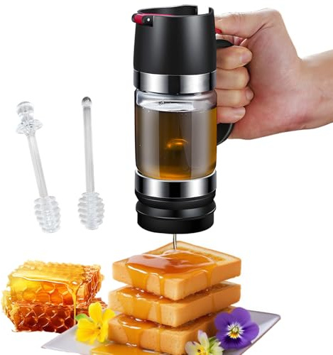 Occupaternm Honigspender, 300 ml Honigspender Tropffrei Glas mit Griff, Push Drip Honey Dispenser, Honigglas, Honigtopf, mit 2 Honigrührstab, für Honig, Sirup, Marmelade, Kuhmilch (Schwarz)