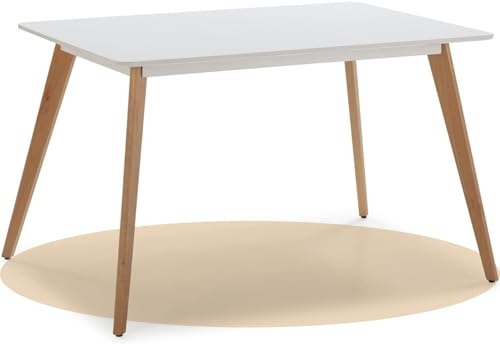 Dekohome Mesa Comedor para 4-6 Personas, Mesa Blanca de Cocina Estilo Nórdico, Patas de Madera Maciza de Haya, 120 x 80 x 75 cm, Mesa Compatible con Silla Asiento Acolchado Tapizado y Respaldo