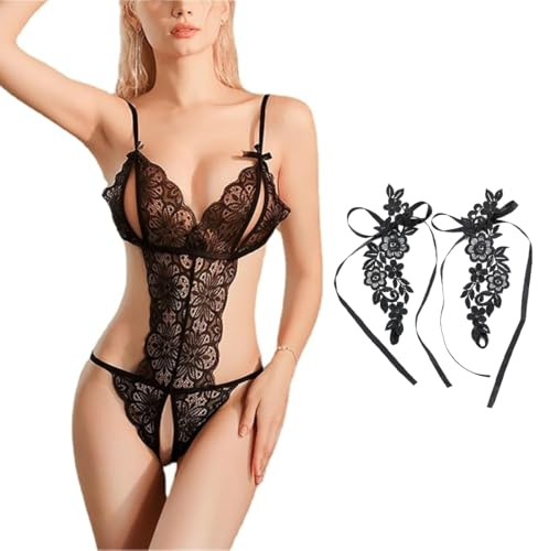 KEMUZ Intimo Donna SexyHot con Ornamenti per i Piedi in Pizzo, Babydoll in Pizzo Nero con Body Seducente, Intimo SexyShop Donna per Coppie, Regalo Romantico per San Valentino e Luna di Miele