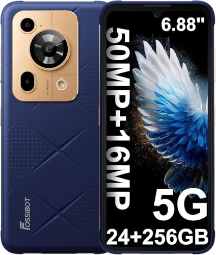 FOSSiBOT F112 Pro 5G Android 14 Téléphone Incassable, 24Go+256Go/1To Téléphone Portable Incassable, Écran 6.88 120Hz, 6nm Dimensity 6300+, 50MP AI Caméra, 7150mAh, Double SIM/NFC/IP68/IP69K (Bleu)