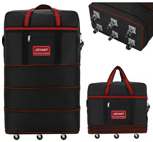 Large Expandable Rolling Holdall Bag with Wheels 60L-118L, 1200D Heavy-Duty Wheeled Luggage with 6 Smooth Wheels, Waterproof Hard Bottom Duffel for Travel, Camping, Black