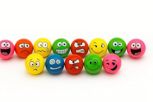 STUWU 10 Bunte Flummis 38 mm – lustige Lachgesichter, hüpfende Gummibälle für Kinder, Mitgebsel, Party, Schatzkiste, Kita & Praxis – witzige Mini-Spielbälle zum Springen & Spaßhaben