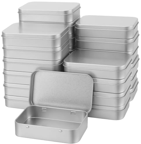 LEXININ 24 Pcs Small Hinged Tin Box, 91 x 61 x 20mm Rectangular Metal Storage Tins for Candies Key, Silver