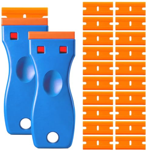 2 Piezas Rascador de Plástico con 20 Cuchillas de Plástico, Espátula de Plástico Antirayaduras como Quitapegatinas y Eliminador de Restos de Pegamento para Vidrio, Vitrocerámica, Acero Inoxidable