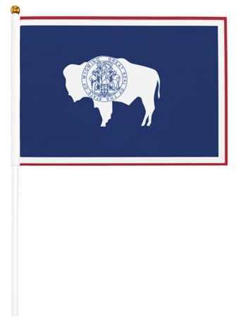 Mini bandiere dello stato del Wyoming su bastone – 14 x 20,8 cm piccole bandiere USA per esterni, decorazioni 4 luglio, decorazione patriottica, asta per bandiera portatile, bandiere palmari, sei