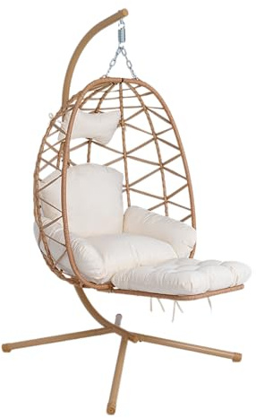 Hängesessel mit Gestell & Fußstütze, Klappbarer Egg Chair Outdoor, Belastbar bis 200 kg, PE Rattan Hängesessel für Balkon, Garten & Terrasse (Gelber Rahmen)