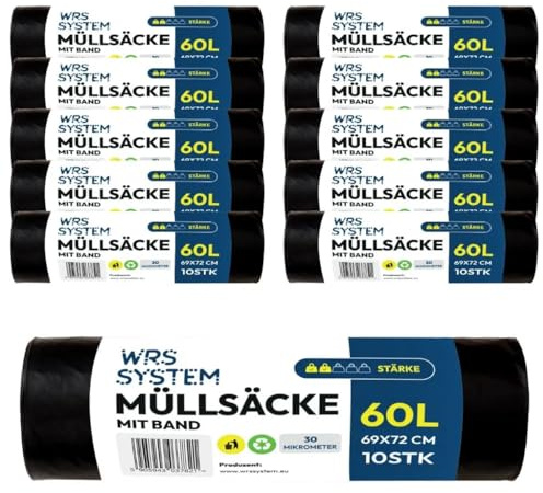 WRS - Müllbeutel 60L - Reißfeste Mülltüten aus LDPE - 10 Stück Müllsäcke für Mülleimer und Kosmetikeimer (10)