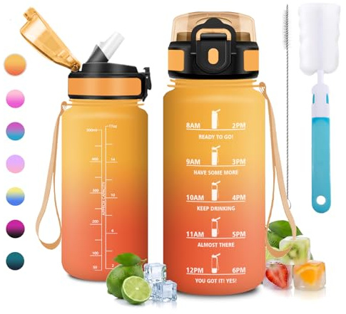 JAPORIA Trinkflasche 500ml mit Strohhalm, BPA-Frei, Kohlensäure Geeignet, Auslaufsicher, Flasche mit Zeitmarkierung, Einfache Reinigung, Wasserflasche für Camping, Wandern und Schule
