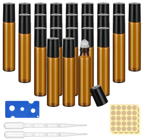 ALIIP Rulla på glasflaskor för eterisk olja, 24 st 10 ml mini Amber Rollon-flaskor, inklusive flasköppnare, klistermärken, pipetter, för eteriska oljor, parfymer, vätskor