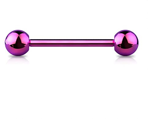Jewel Barrel Piercing para lengua de acero quirúrgico 316L, color morado, 14G (1,6 mm), 16 mm de longitud con bolas de 6 mm, acero quirúrgico anodizado 316L