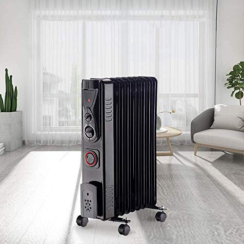 NRG Oil Filled Radiator Portable 9 Fin Electric Heater Black 2KW | Adjustable Thermostat, with Timer and Safety Tip Over Switch