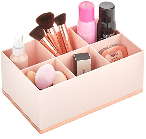 mDesign Make-up Organizer – ansteigende Make-up Aufbewahrung mit 6 Fächern aus Kunststoff – Schminkaufbewahrung für Lidschatten, Puder, Lipgloss etc. – hellrosa und rotgoldfarben