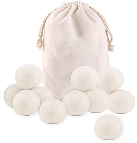Wool Dryer Balls Premium Reusable Natural Fabric Softener,Tumble Dryer Wool Balls New Zealand, Quiet, Anti Static, Naturally Non-Toxic, Safe Unscented, Shorten Drying Time (White, 12pc)
