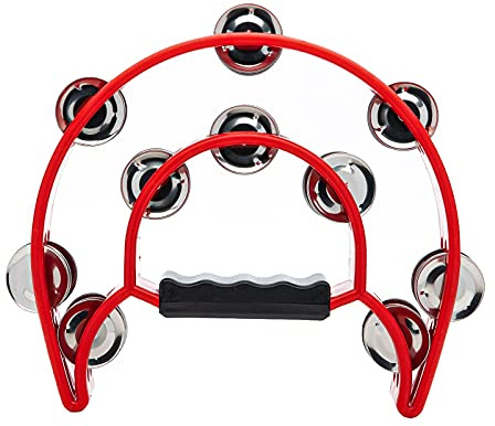 Musfunny Hand-Tamburin Musikinstrument, Halbmond-Tamburine mit zweireihigen Metallschellen – Handheld Percussion Geschenke für Erwachsene Party Musikunterricht Bands (Rot)