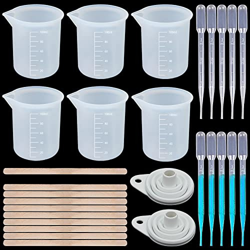 Tazas Medidoras de Silicona de 100 ml de Resina Epoxi Vasos Medidores de Silicona con Palos de Madera y Pipeta para Proyectos de Manualidades con Resina (28 Pieza)