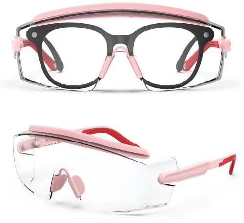Gafas de seguridad anti niebla Gafas de seguridad sobre gafas protectoras Gafas con lentes anti arañazos Marco ajustable y patillas (rosa)
