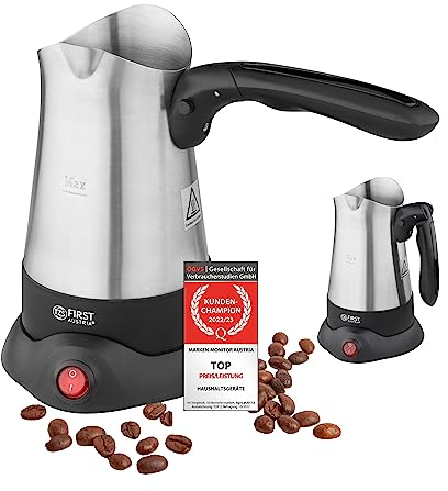 TZS First Austria caffettiera turca elettrica 0,3L, 800W, moka, espresso e bollitore, acciaio inox, manico pieghevole, casa, ufficio, viaggio