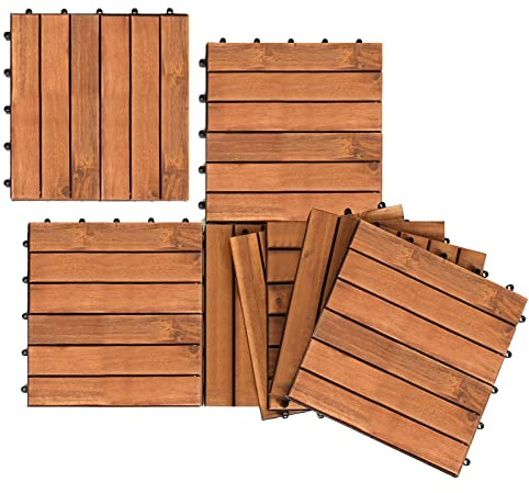 Herrselsam Holzfliesen Balkon, Akazien Holz 30x30 cm 6 Latten Fliese 1m², Geeignet als Terrassenfliesen und Balkonfliesen, Innen und Außen (44 Stück)