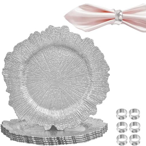 WedDecor 13-Inch Silver Vintage Glass Charger Plates Set of 6 with and Hammered Design Napkin Rings for Weddings, Parties, Events, and Table Decorations