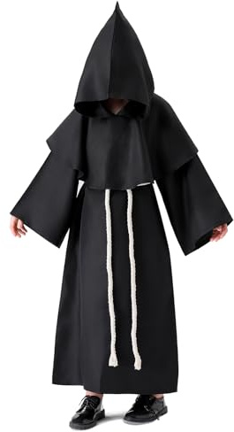 Banchif Costume Halloween Enfant, Enfant Costume Moine,Enfant Costume Moine Medieval avec Collier de Croix, Ceinture, Enfant Prêtre Costume(noir, 150)