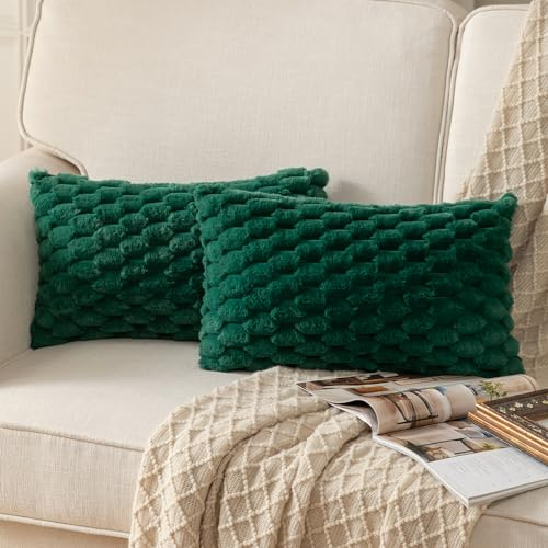 Mandioo Lot de 2 Super Doux Peluche Moelleux décoratif Housses de Coussin Fausse Fourrure Laine Velours Taie d'oreiller Canapé Chambre à Coucher Le Salon Vert foncé 30 x 50 cm