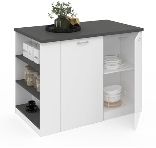 IDMarket - Mittelinsel TIBO 120 cm weißes Holz mit anthrazitgrauer Arbeitsplatte