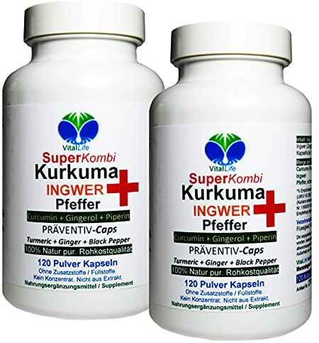 Curcuma KURKUMA + INGWER + PFEFFER SuperKombi 240 (2x120) Kapseln CURCUMIN & GINGEROL & PIPERIN - NATUR PUR - OHNE ZUSATZSTOFFE. 27090-2
