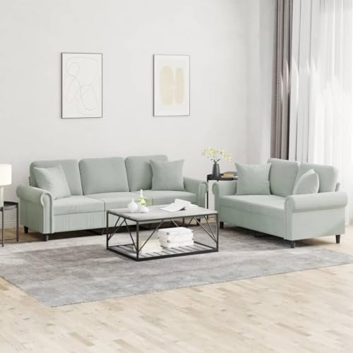 Gecheer 2-TLG.Sofagarnitur Couch Sofa Set Polstergarnitur Loungesofa Polstersofa Sofa Couchgarnitur Sitzmöbel Wohnzimmersofa Sessel Couch Designsofa Gartensofa mit Kissen Hellgrau Samt-130