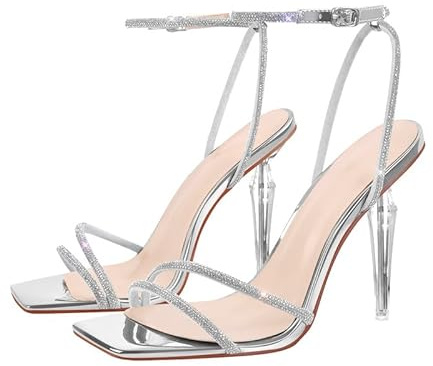 VERISSON Sandales à lanières pour femme - Sandales à talons hauts - Sandales carrées à paillettes, argenté, 39 EU