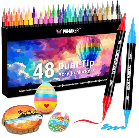 Pamaker 48 Farben Acrylstifte Set – Acrylmarker mit feiner Spitze und Pinsel für Stoff, Leinwand, Glas, Holz und Papier – Ideal für Kinder und Erwachsene, zum Zeichnen und DIY-Bastelprojekte