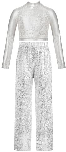 TiaoBug Enfant Fille Garçon Déguisement Disco Ensemble Costume Danse Hip-Hop Jazz Paillette de 2 Pièces Veste Top à Manches Longue et Pantalon Large Dancewear 5-16 ans Argenté 7-8 ans