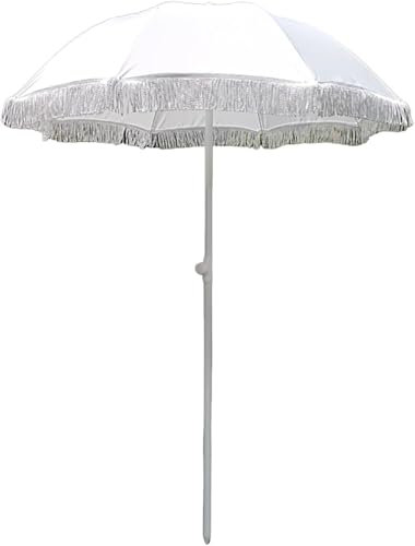 Kleiner weißer Strandschirm mit Quasten, 160 cm, tragbarer Outdoor-Sonnenschirm für Garten, Balkon, regenfest, UV-Schutz