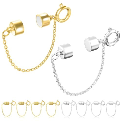 TELAIN 8 Stück Magnetische Armbandverschlüsse mit Sicherheitskette, Gold und Silber, Armbandverlängerung, Sicherer Magnetverschluss für Armbänder