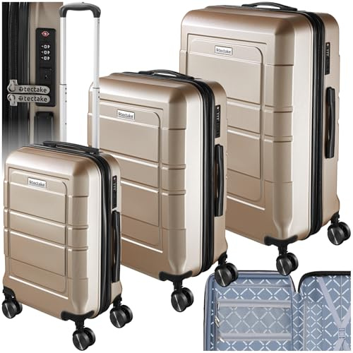 tectake® Kofferset 3 teilig, Koffer & Trolleys, Koffer Set für Flugzeug, Business, Reise, mit TSA Schloss, Hartschalenkoffer mit Rollen, Reisekoffer groß, Rollkoffer - Champagner