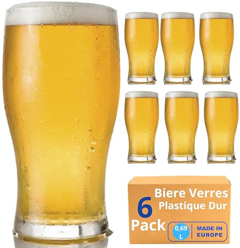 Vieira Home Copas de Cerveza Pint Vasos plastico duro reutilizable irrompibles modernos | Juego de 6 vasos sin bpa 0,69L |Hecho en U.E.
