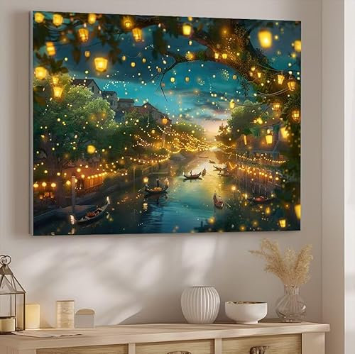 Malen nach Zahlen Erwachsene Fluss, Malen nach Zahlen Schiff DIY Handgemalt Ölgemälde Kit Hobby Erwachsene Kreativ Mit Pinseln und Acrylfarbe Knitterfreie Leinwand Kit, Home Wand Deko 30x40cm J-214