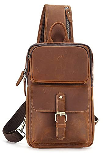 BHBYAFASH Crossbody Brusttasche, Herrenschlingbeutel Crossbody Rucksack Anti Diebstahl Brusttasche Vintage Crazy Horse Leder Lässige Umhängetasche Wandern Reise Daypack(Dark Brown)