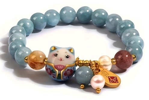 Lucky Cat Bracelet with Blue Crystal, Ceramic Cat Pendant, Feng Shui Good Luck Jewelry for Women, Wealth & Protection Bracelet