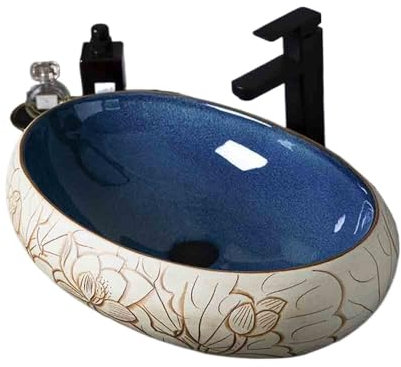 WFchenj222-6 Lavandino Bagno - Grande lavabo Ovale da appoggio in Ceramica Blu da Balcone for Interni con Motivo Floreale Lavandino da appoggio