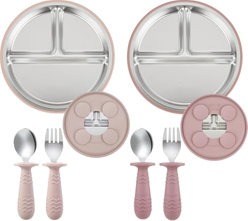 PandaEar Set da 2 Piatti in Acciaio Inossidabile con Ventosa per Neonati e Set da 2 Cucchiai e Forchette, Ustensili per Bambini, Piatti Divisi per Alimentazione Autonoma (Rosa)