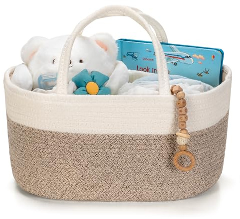 Kodomoore Windel-Caddy - Baumwollseil Baby Aufbewahrungskorb für Neugeborene Essentials - Tragbarer Organizer für Wickeltisch, Kinderzimmer oder Auto - Geschenkkorb für Babyparty - Weiß und Beige